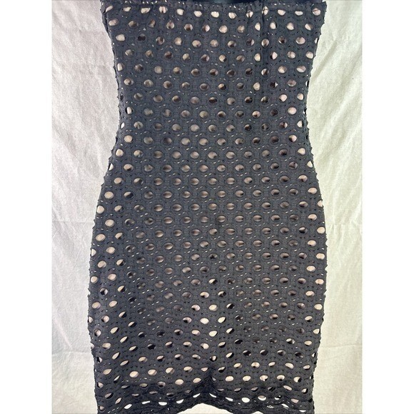 Dazy Med Black Eyelet Lace Bustier Mini Dress Polka Dot Trim Night Out Bodycon