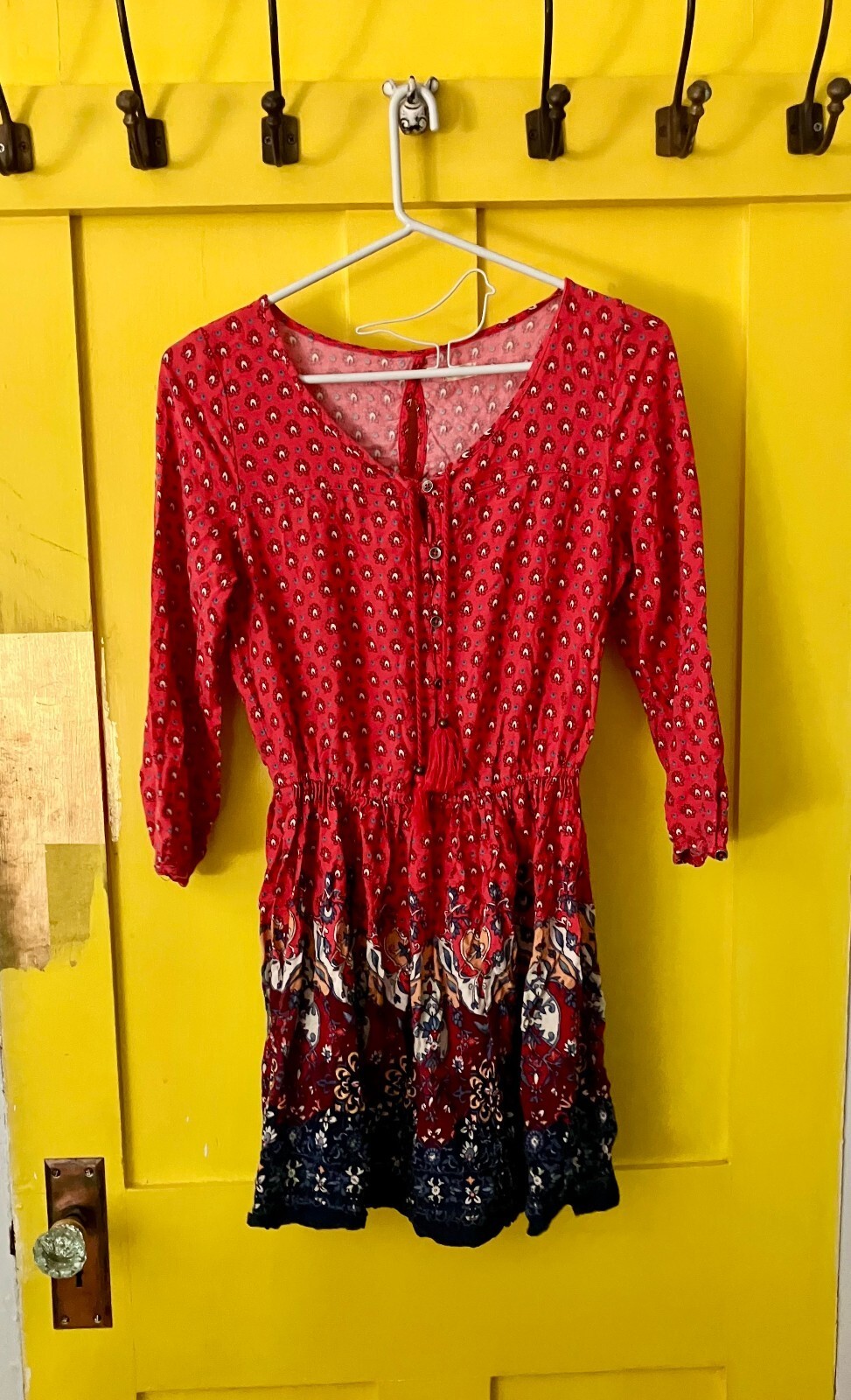 Hollister Rust Red Boho Border Print Dress Tassel Waist Long Sleeve Prairie S