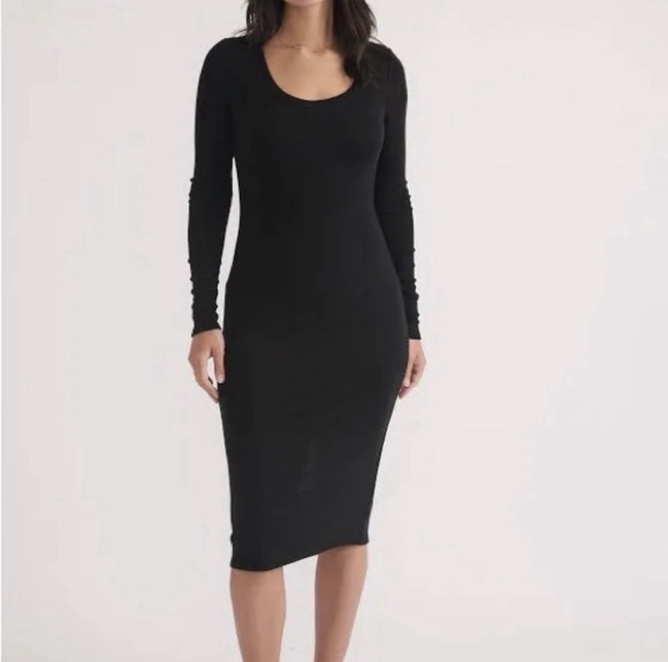 Marine Layer Black Ribbed Knit Bodycon Midi Dress Scoop Neck Long Sleeve XS