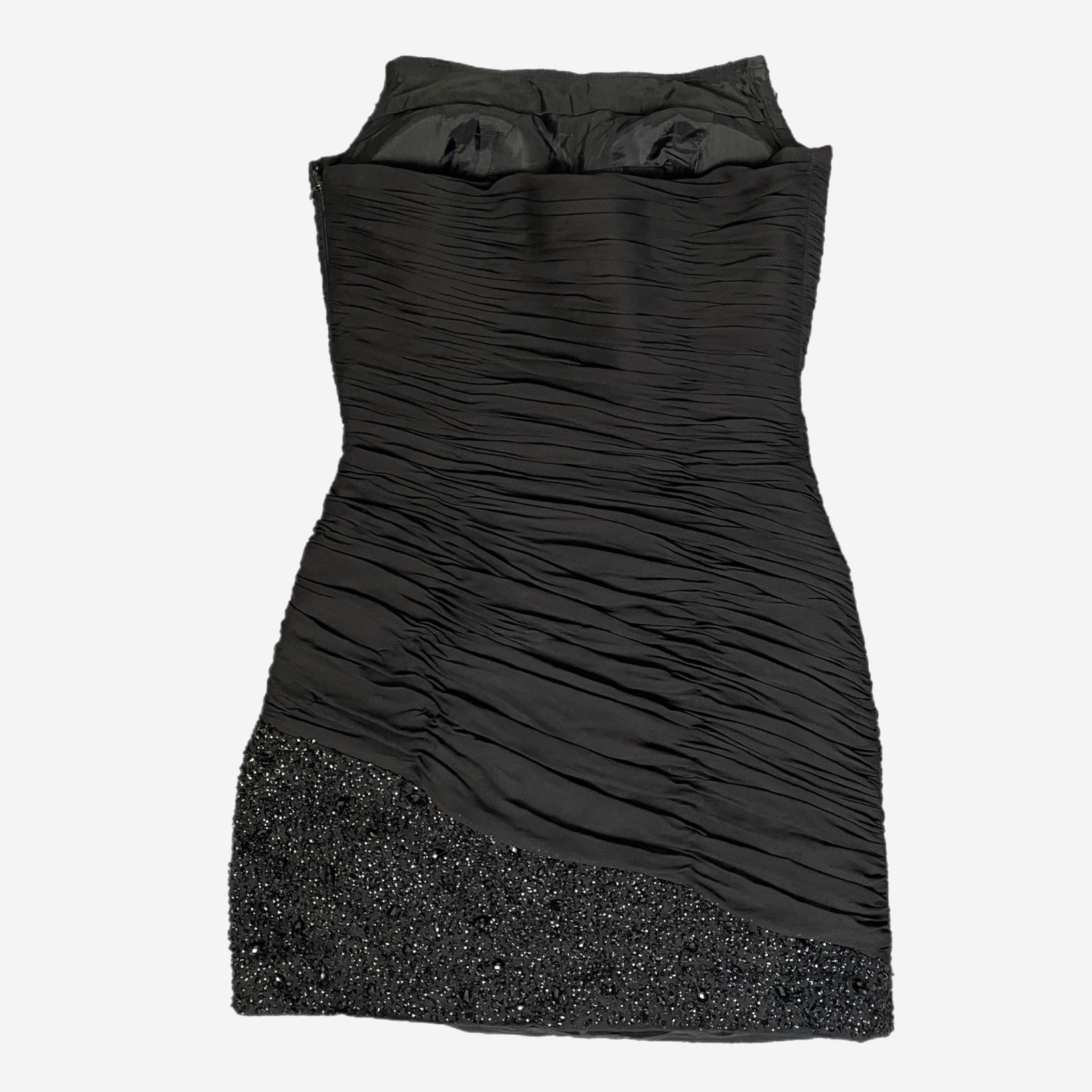 Basix II Black ruched pleated silk sequin beaded strapless mini dress formal S