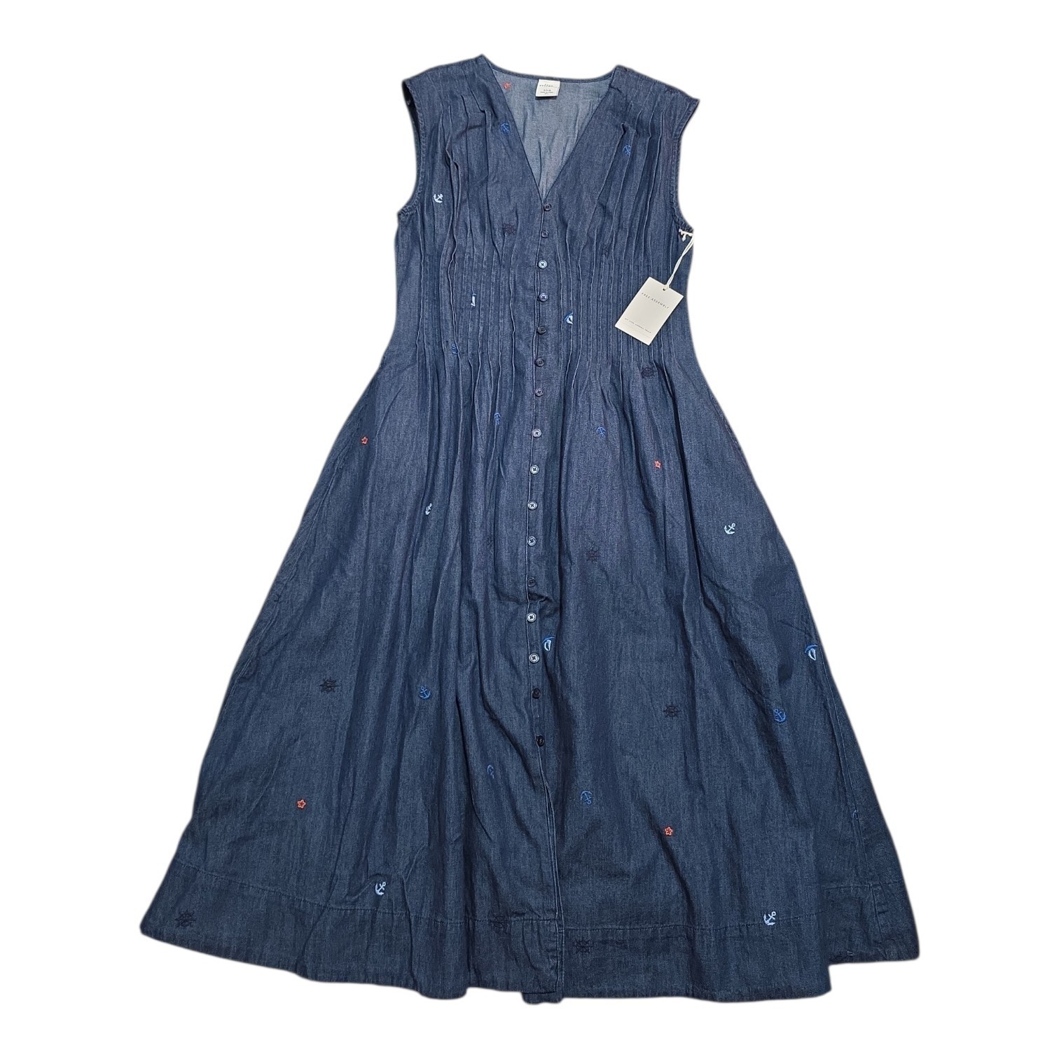 Free Assembly Sm Denim Midi Dress Pintuck Embroidered Coastal Regatta Nautical