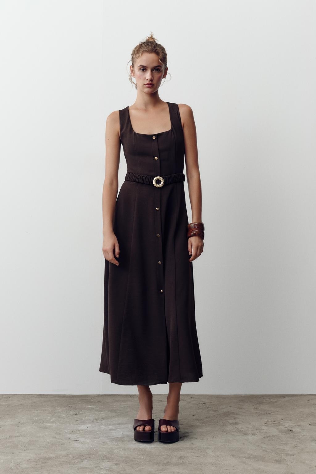 Zara Belted Midi Dress Brown Sleeveless Square Neck Gold Buckle XS S M L XL NWT