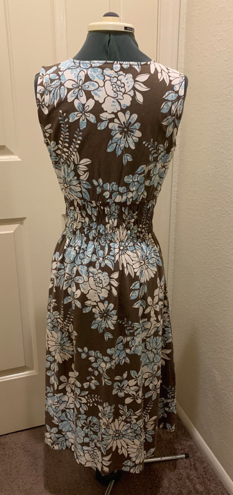 Eddie Bauer Cotton Knit Shirred Waist Midi Dress Blue/Brown/White Floral — XS