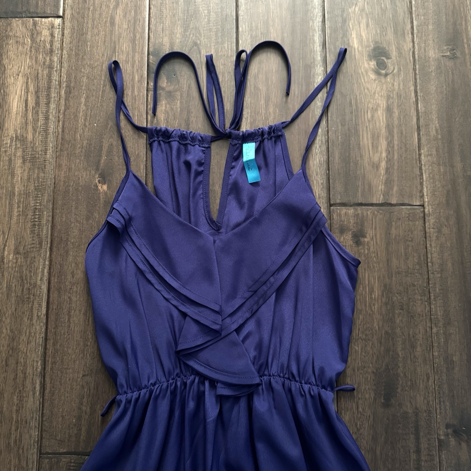Buttons Deep Blue Strappy Sleeve Ruffle Dress