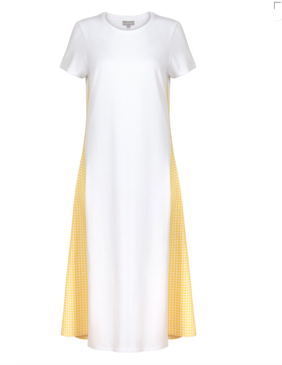 Oliver Bonas White & Yellow Gingham Checked Insert T-shirt Midi Dress Size 12