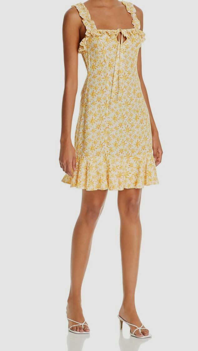 $195 All Things Mochi Women Yellow Stretch Sun Print Sleeveless Dress Size Small