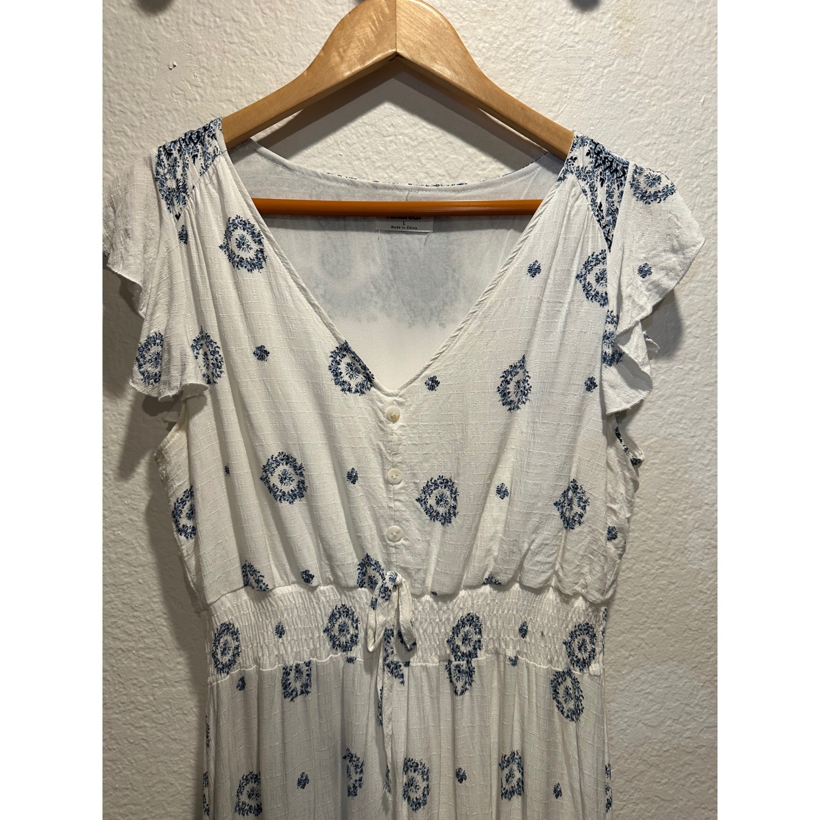 Anthropologie Kindred Blue Paisley High Low Midi Dress Flutter Sleeve Large
