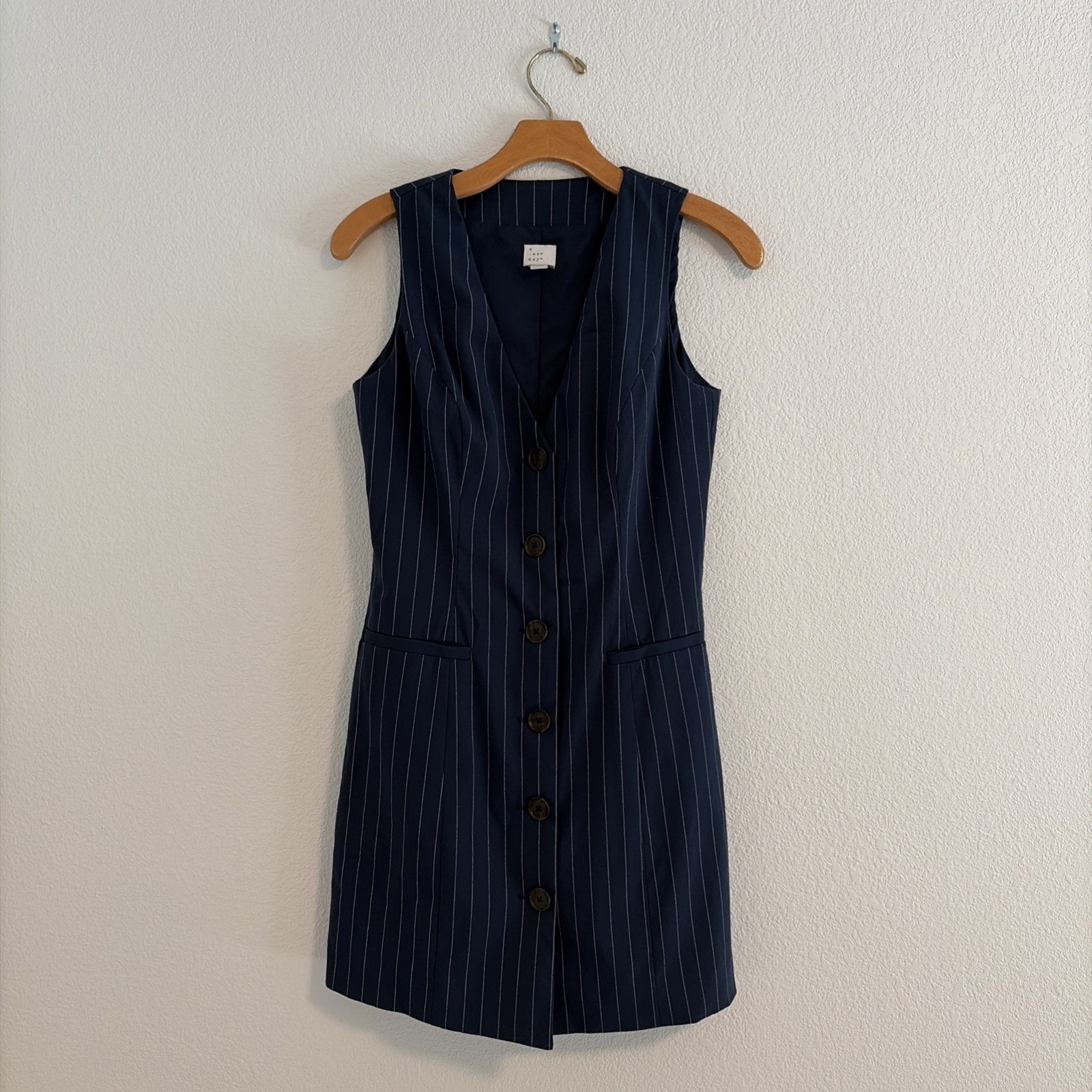 A New Day Pinstripe Vest Mini Dress Navy Size Business Button Casual Work XS