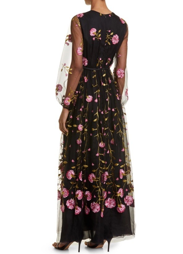 GIAMBATTISTA VALLI Carnation Embroidered Long Sleeve Maxi Dress Black/Rose SZ 4