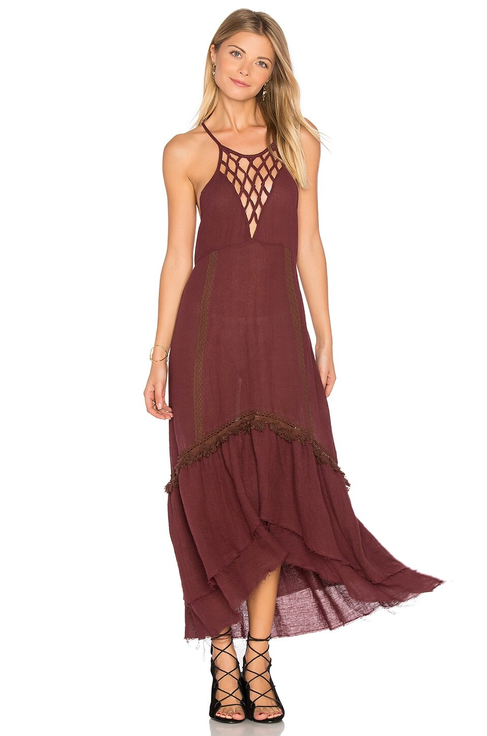 NWT~SOME DAYS LOVIN~Eggplant CROCHET & FRINGE Macrame BOHO Linen DRESS~S~NEW!