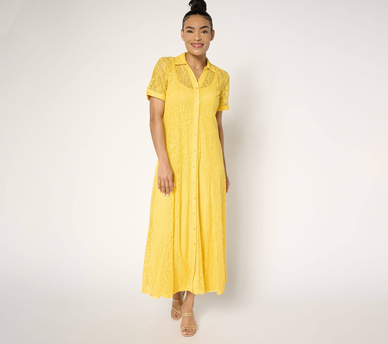 Susan Graver Women’s Petite Dress PS Lace Button Front Midi Blonde A687845