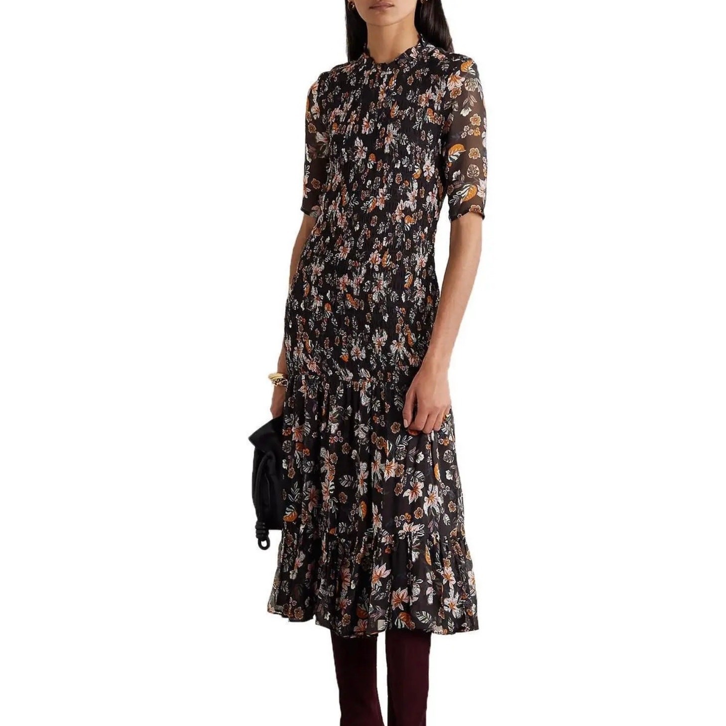 Veronica Beard Gabi Black Floral Chiffon Drop Waist Smocked Midi Dress SIZE 6