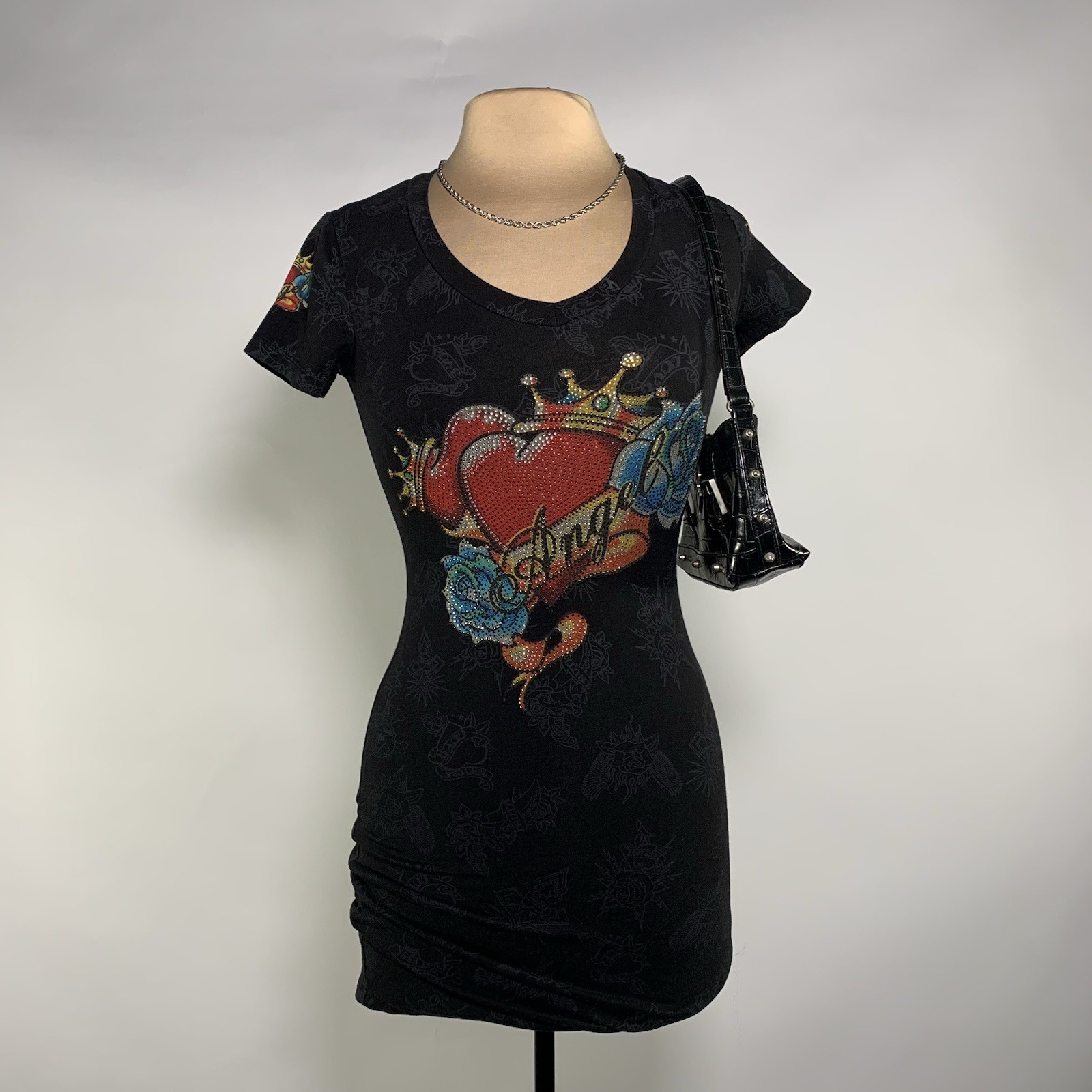 La Culture Womens Tattoo Print Rhinestone Angel Heart Cross V-Neck Mini Dress S