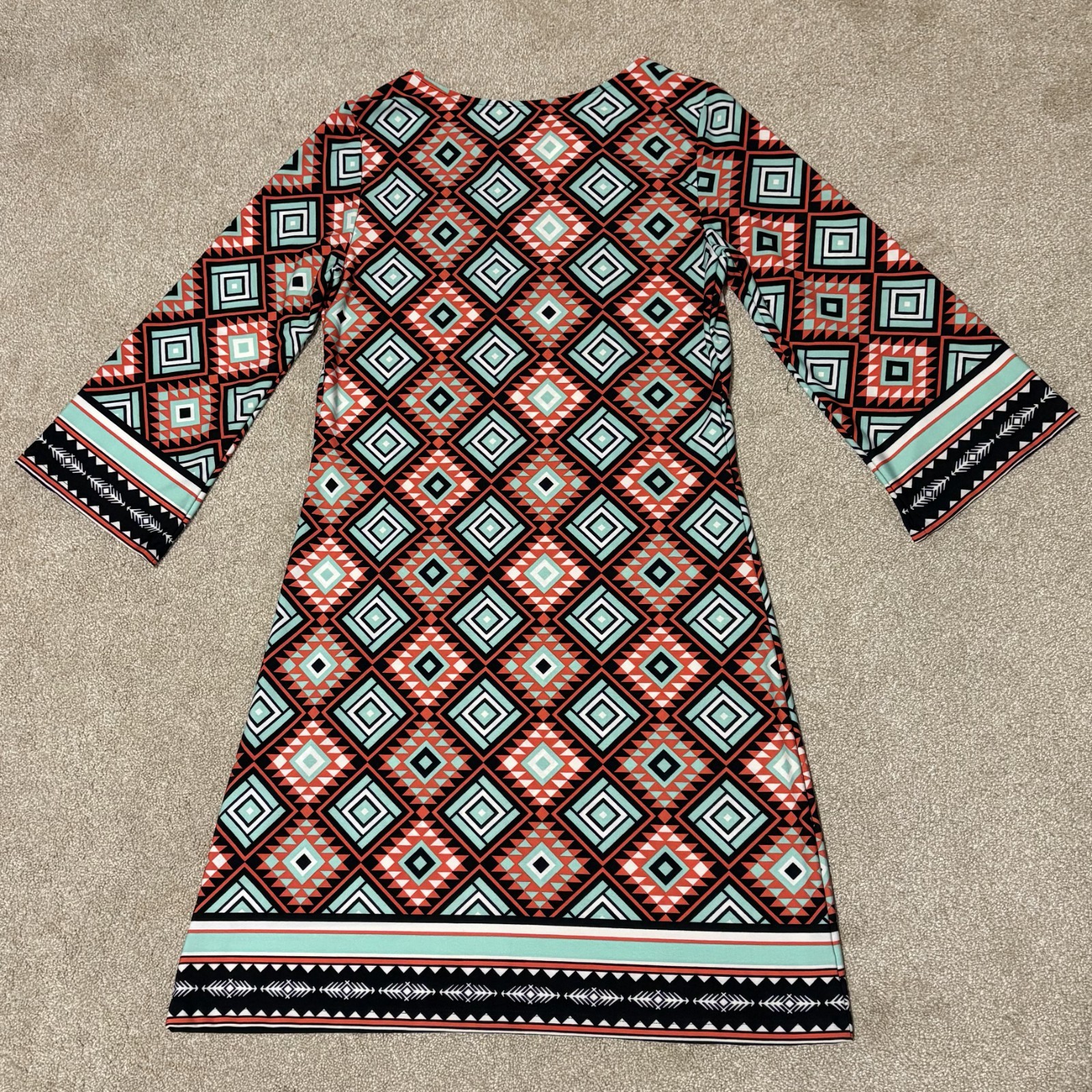 Haani Womens Mod Tunic Dress Bell Sleeve Stretch Aztec Salmon Turqiouse Sz M