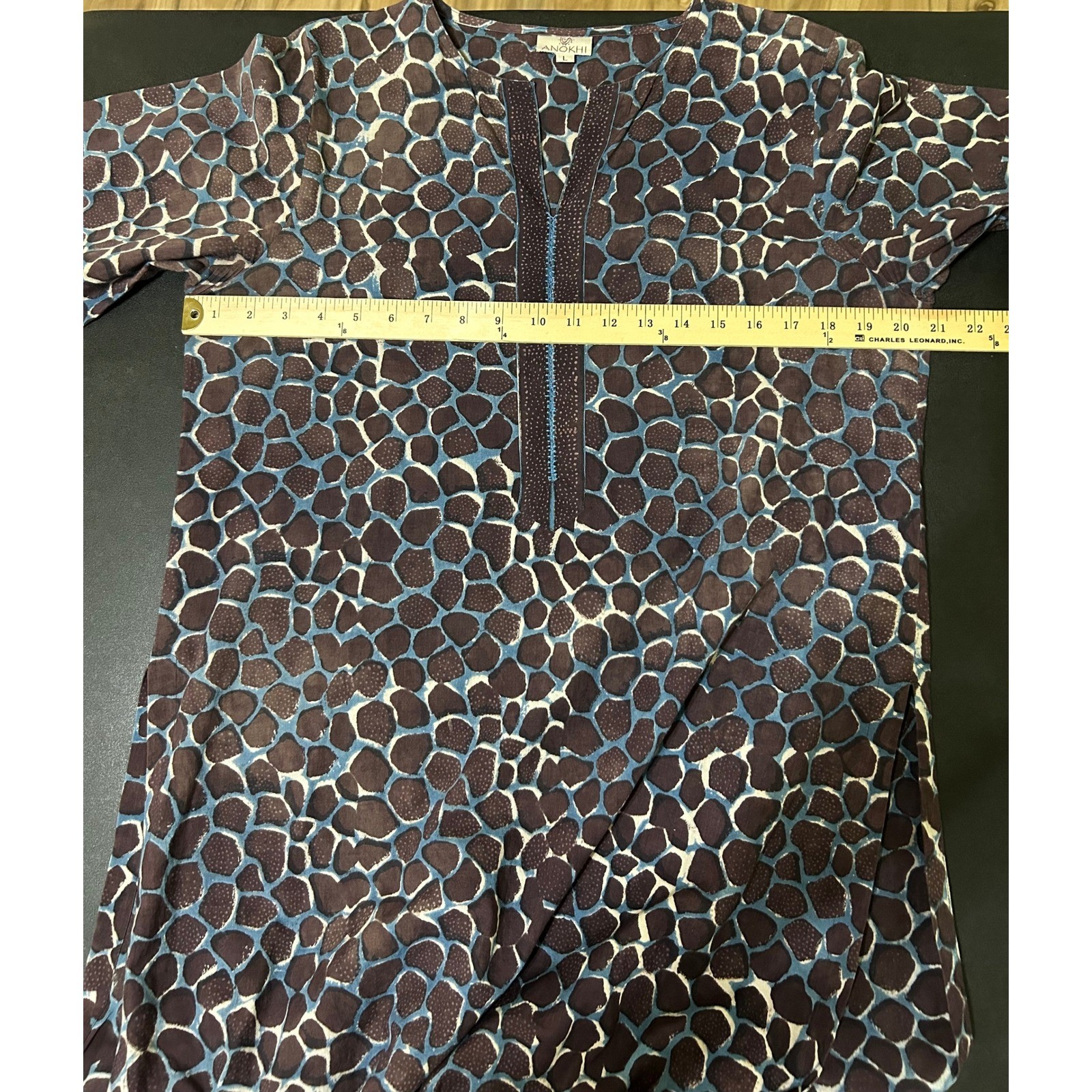 Anokhi Tunic Dress L Indigo Giraffe Block Print Cotton Kurta L/S BOHO Chic Artsy
