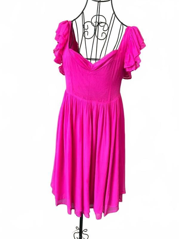Vintage HandMade Hot Pink Chiffon Dress UK 10 Ruffle Sleeve Floaty Midi Occasion