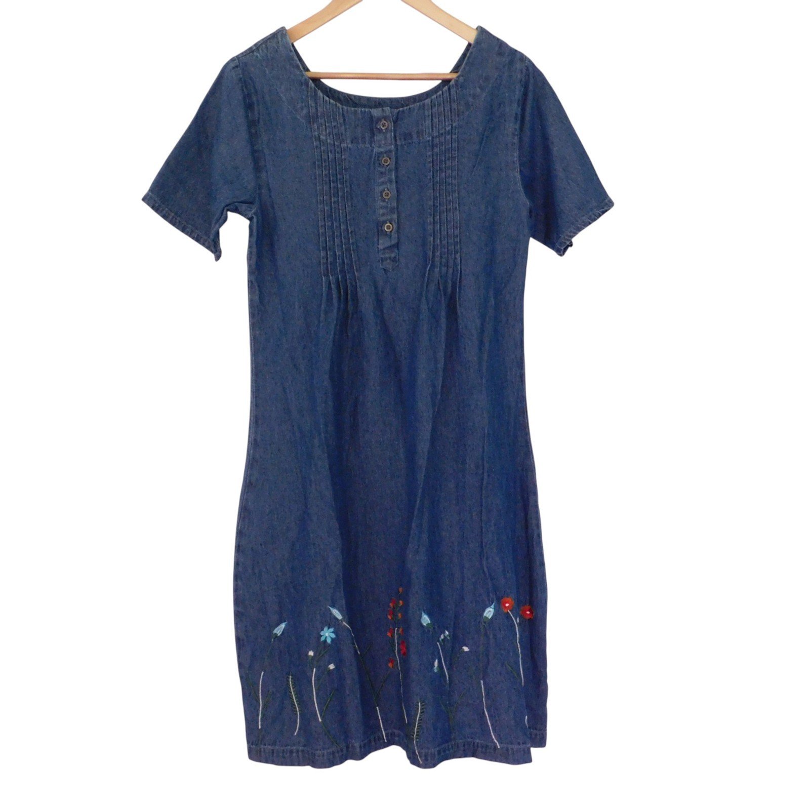 NEW Womens Denim Dress Pintuck Short Sleeve Embroidery Flowers Knee Length Small