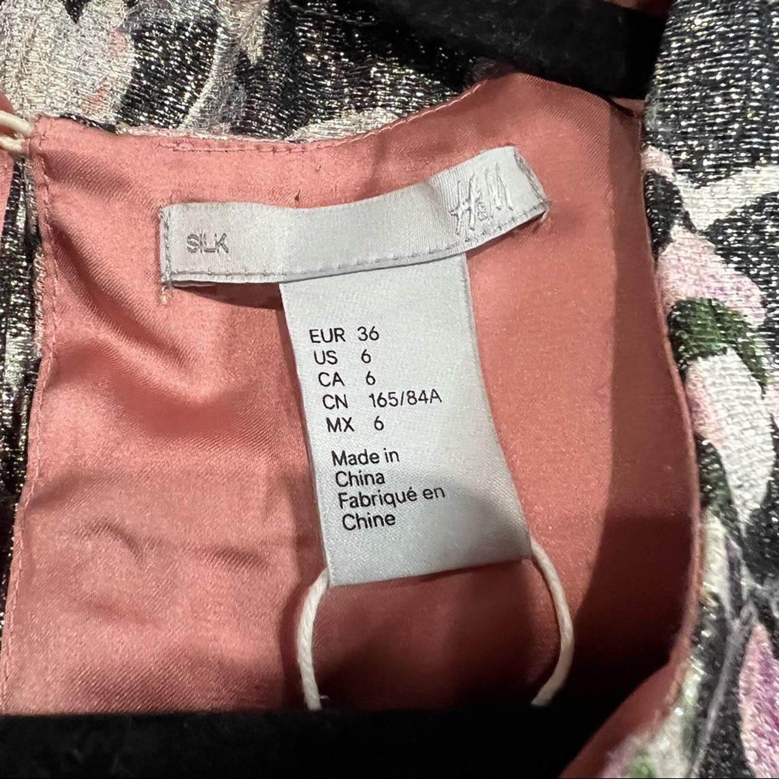 H&M Silver Metallic Pink Floral Elastic Peplum Silk Blend Dress‎ 6 Women’s NWT