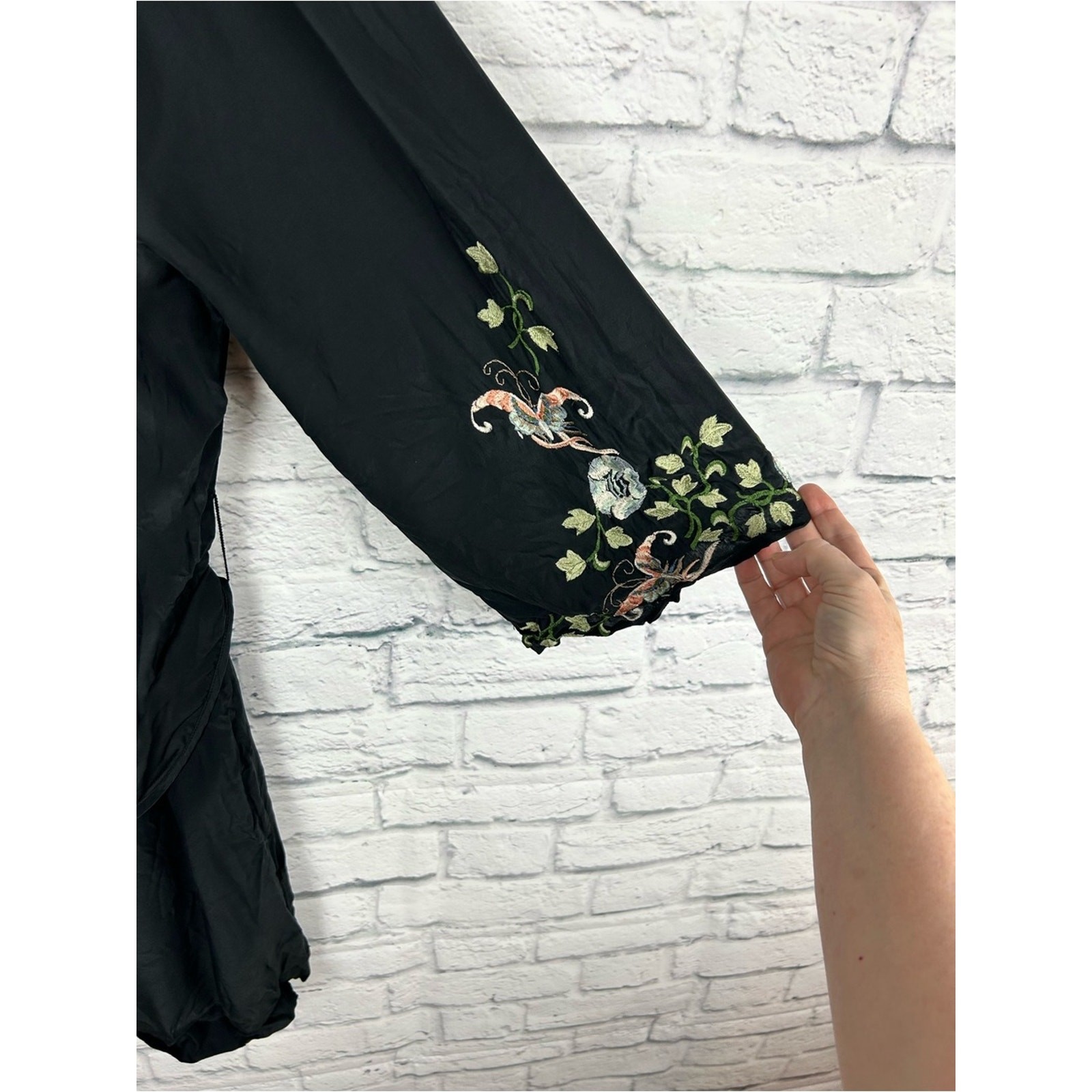 Lucky Brand 100% Silk Embroidered Tunic Dress Black Boho Tie Waist Medium
