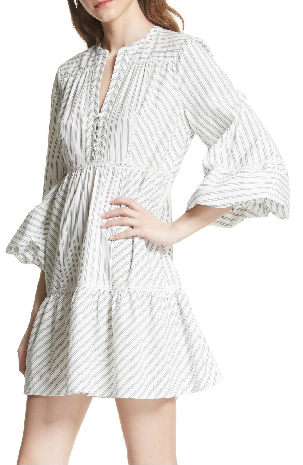JOIE Porcelain White Stripe Lace Marison A-Line Ruffle Poplin Cotton Dress 8 = M