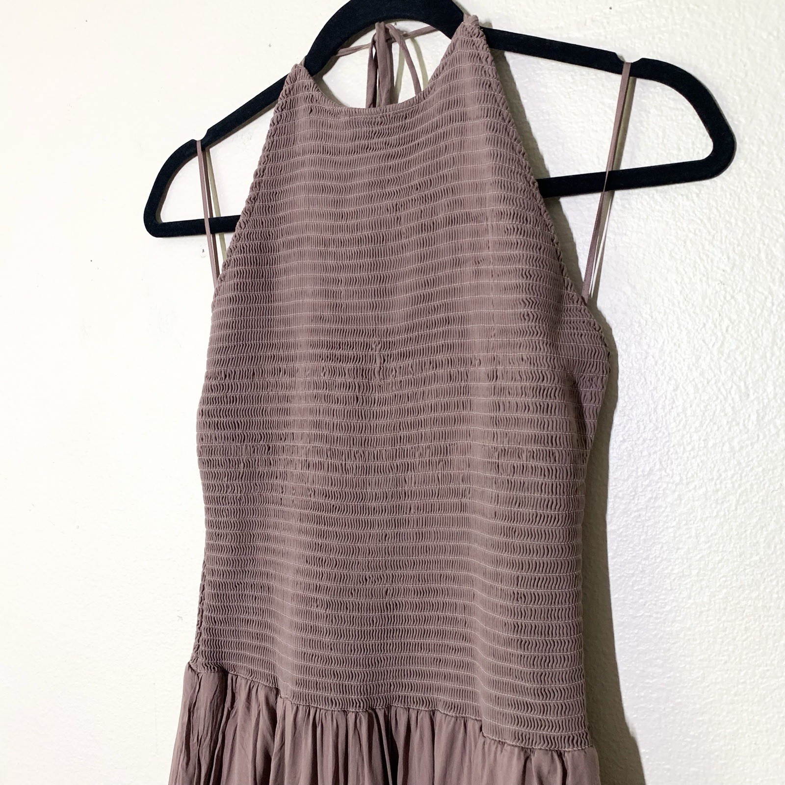Little Moon Aritzia Highsmith Dress S Smocked Halter Deep Taupe Midi Pockets
