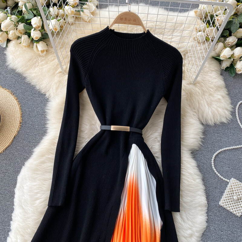 Lady Slim Knitted Midi Dress Pleated Black Long Sleeve Swing Gradient Casual