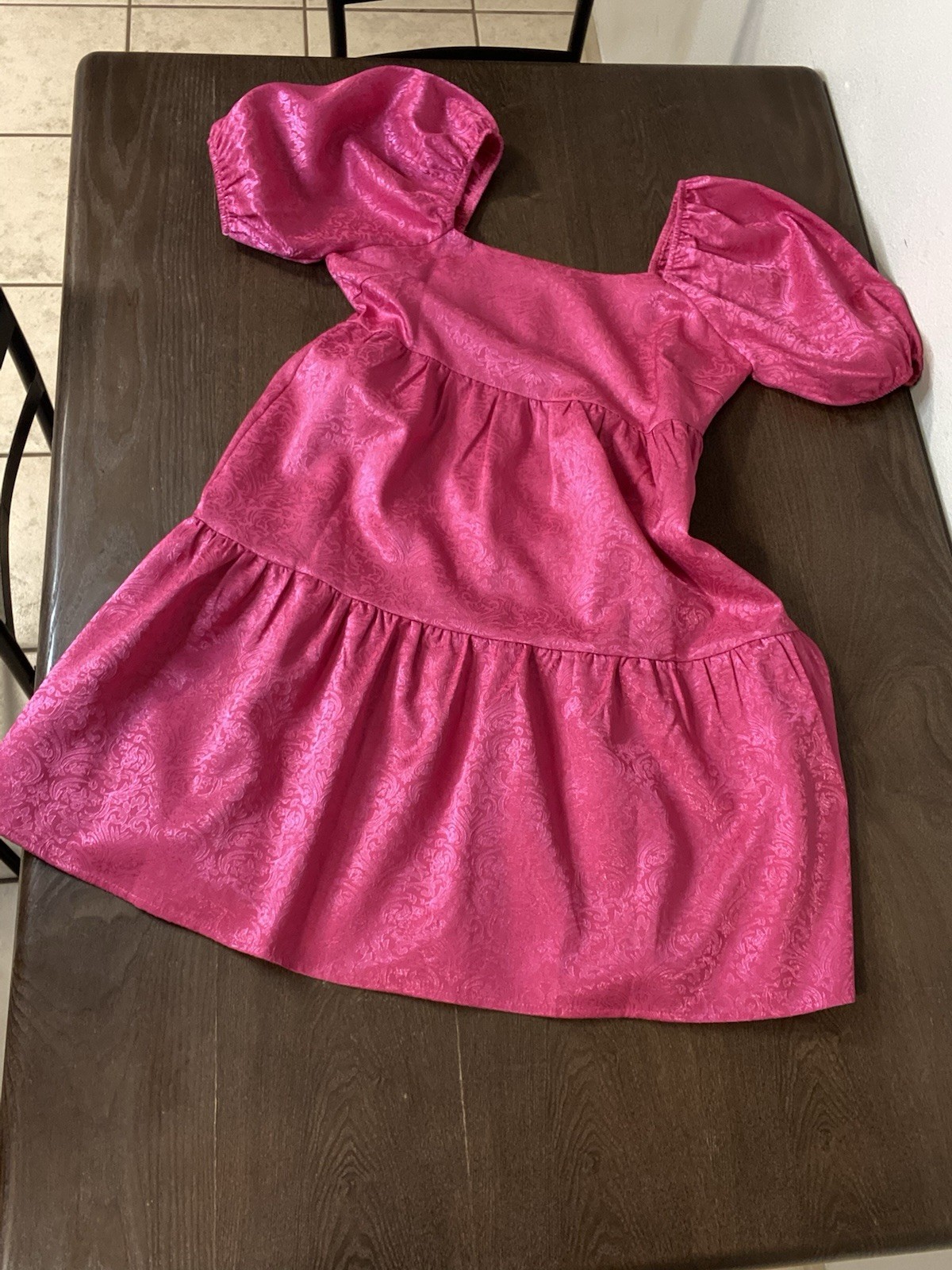 Sugar Lipz Girls 6 Pink Jacquard Floral Puff Sleeve Fit & Flare Party Dress