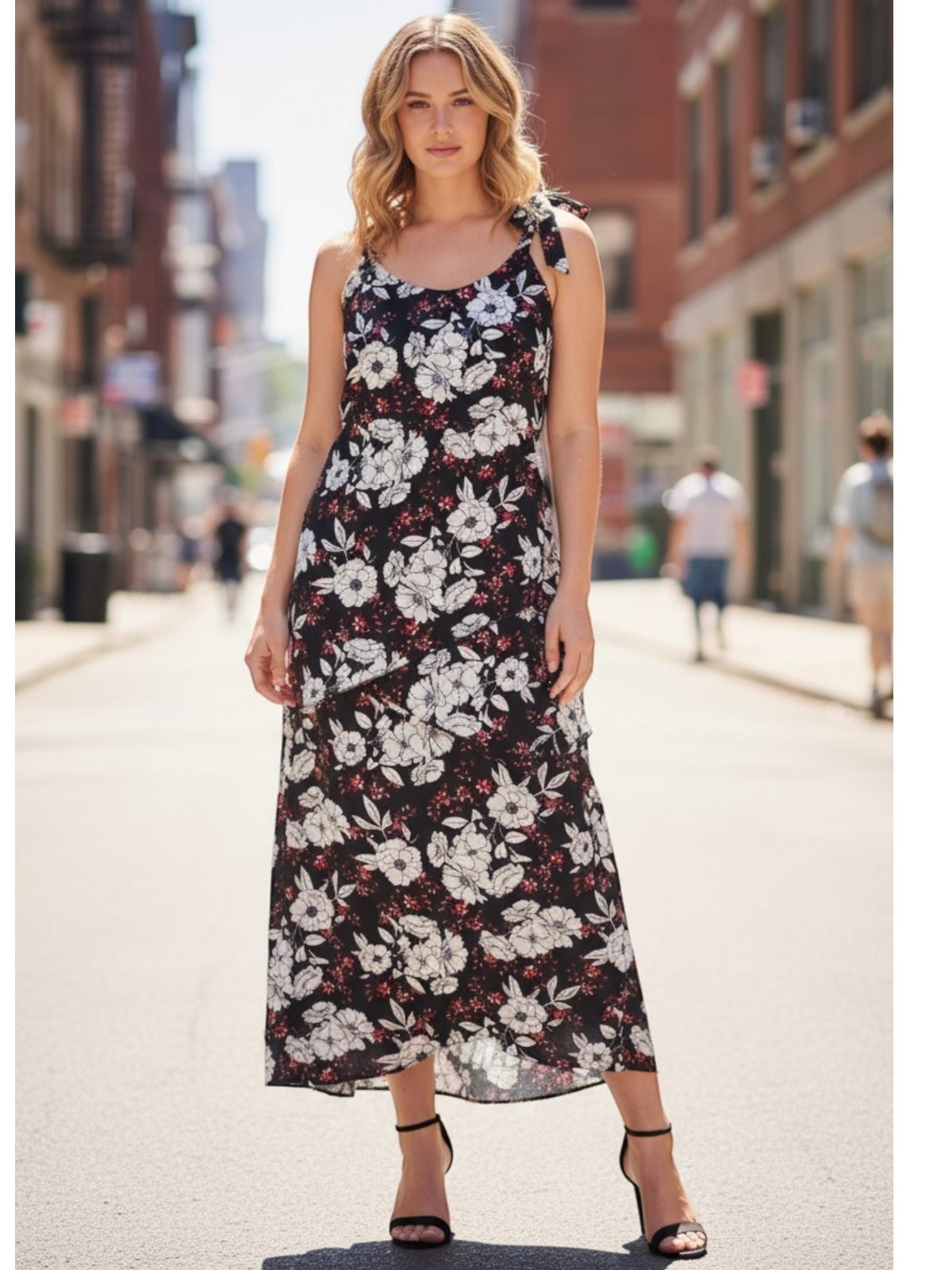 Ladies Dress Black White Red Floral Print 3 Tier Triple Layer Georgette