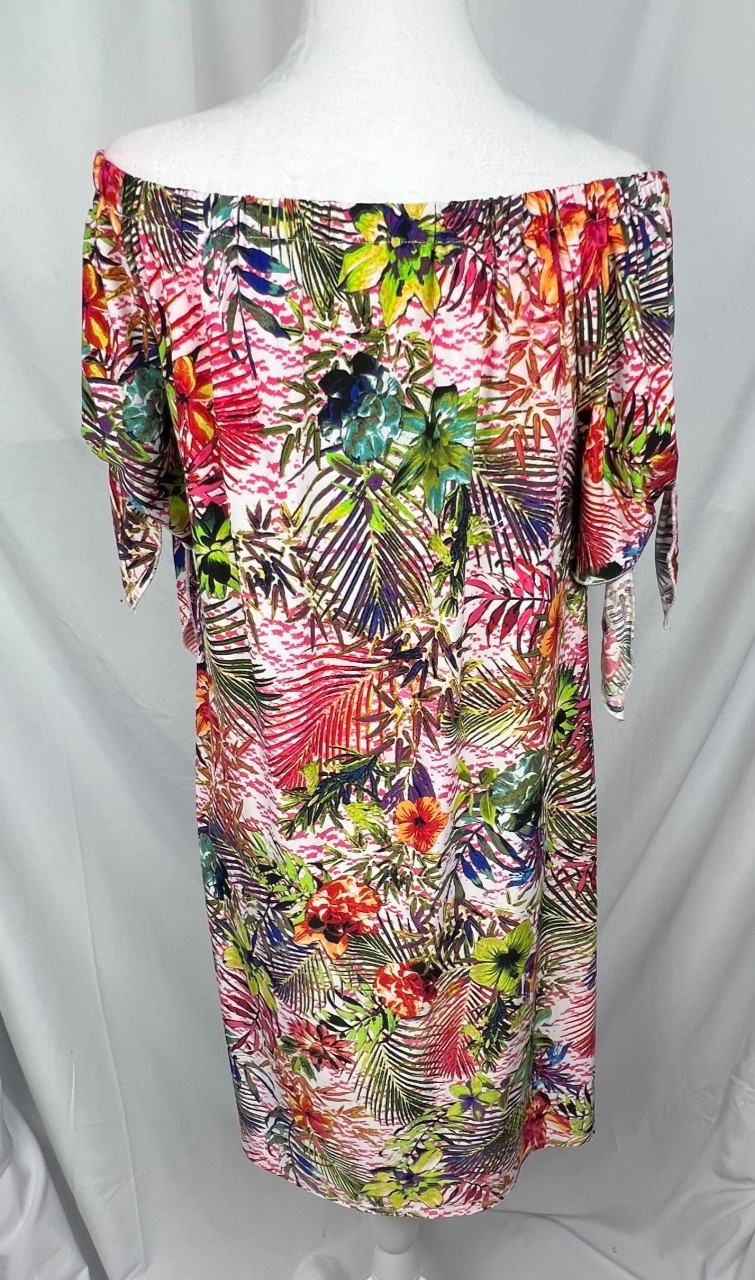 TACERA Off Shoulder Dress Womens Small Multicolor Tropical Floral Print Stretch