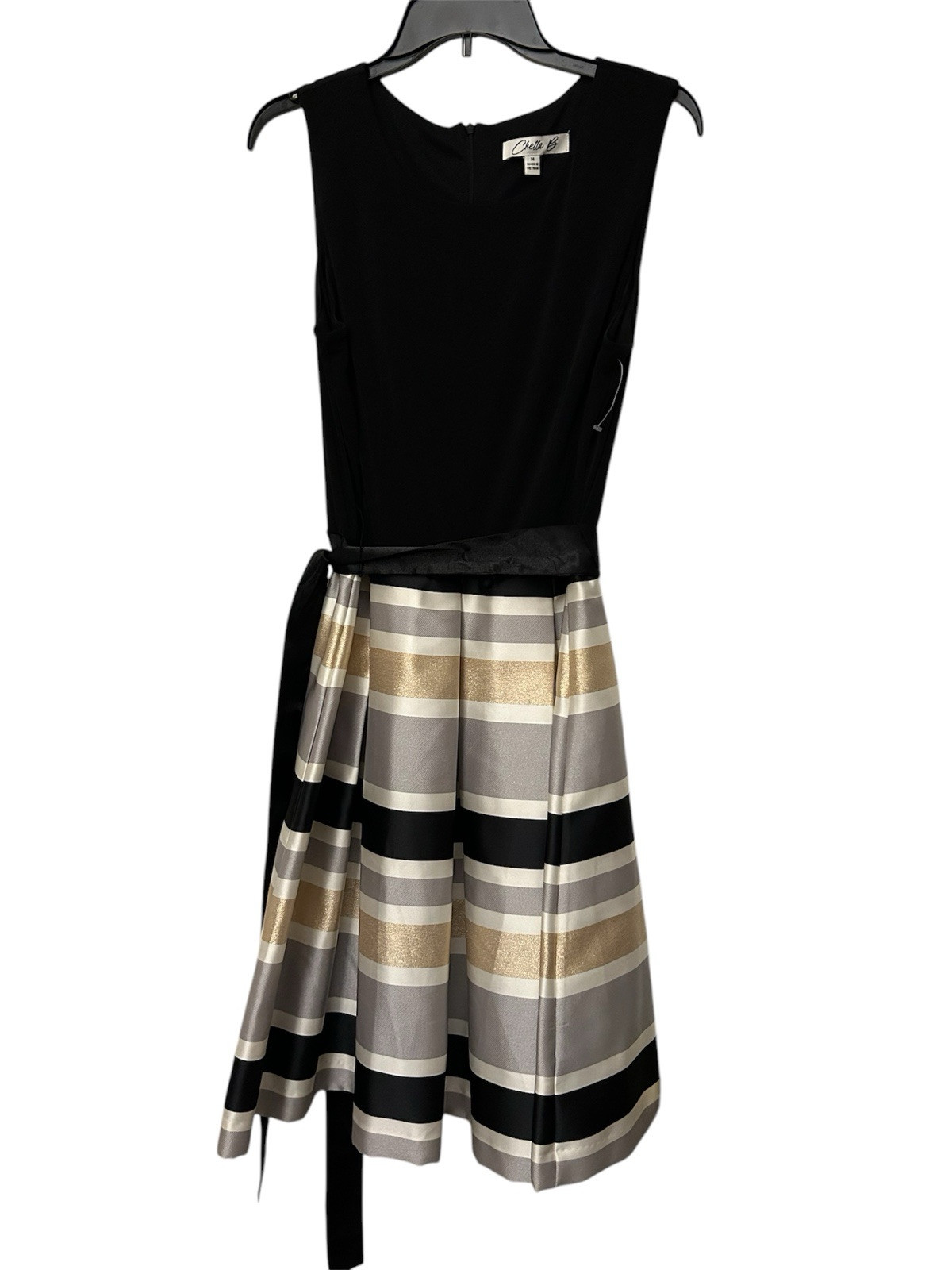 Chetta B Metallic Gold Silver Black Striped Women’s Dress Size 14 sleeveless