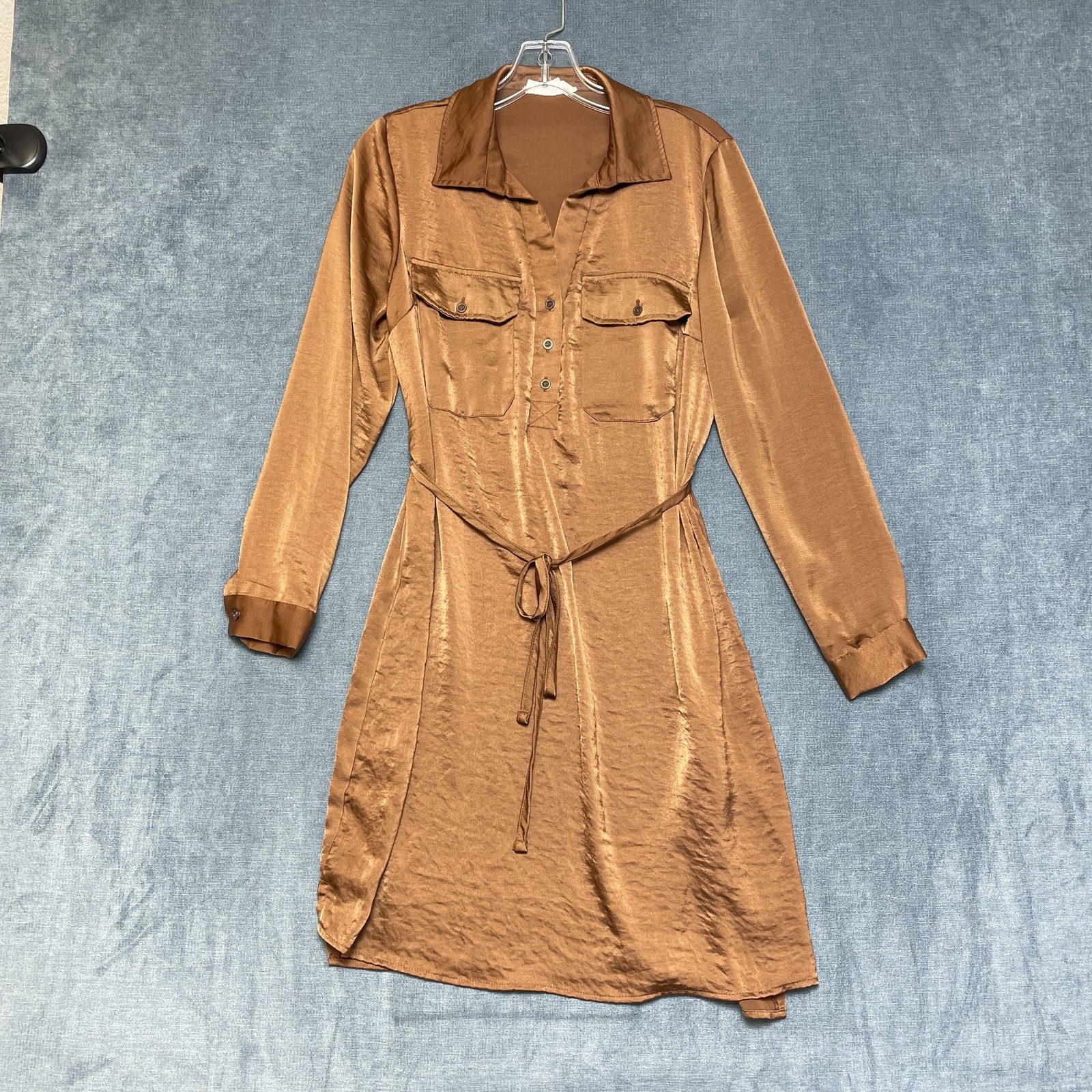 Lucky Brand Shirt Dress Women M Brown Satin Chest Pockets Long Sleeves Tie Waist