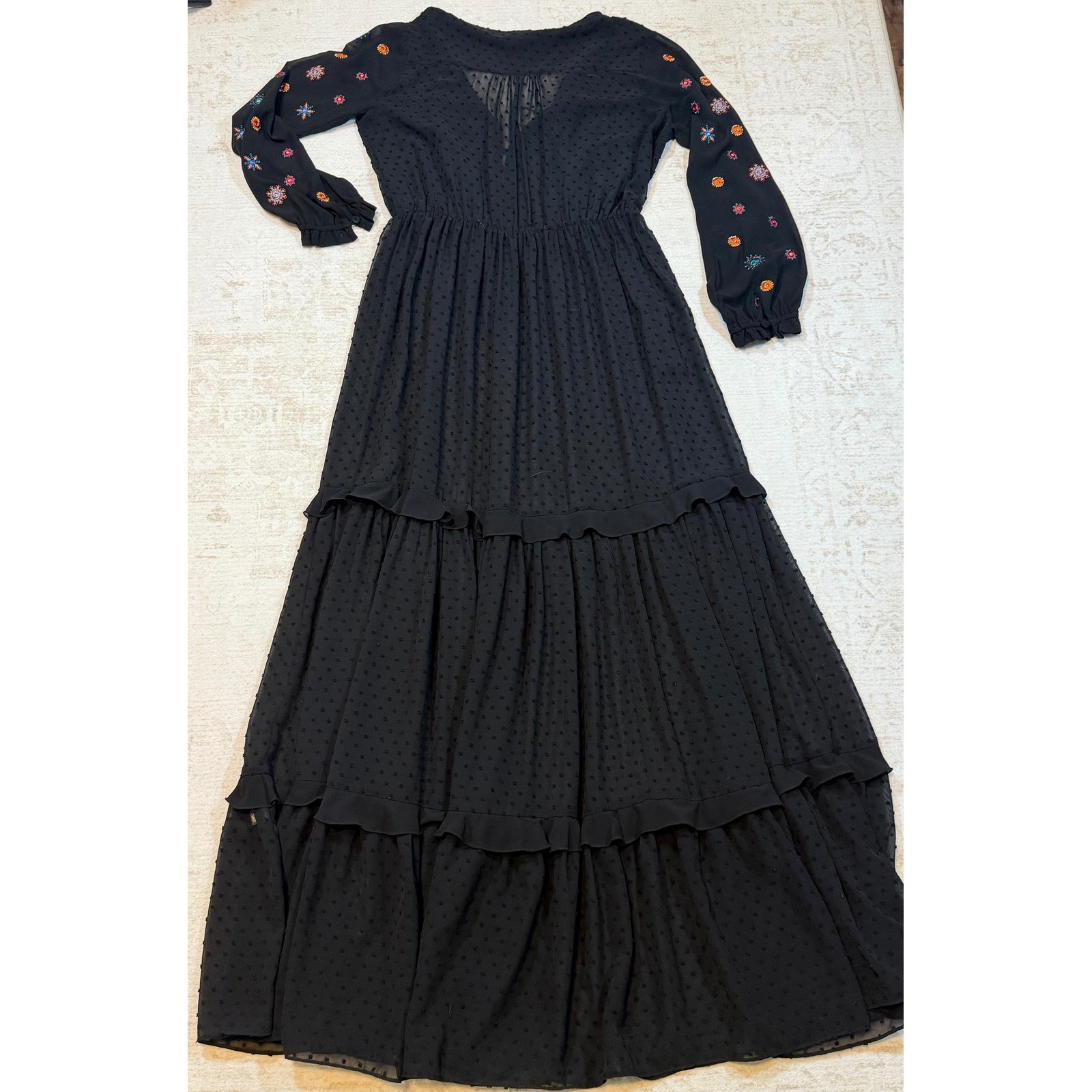 Saloni Black Embroidered Clip Dot Maxi Dress Tassel Tiered Boho Womens 6 UK 10