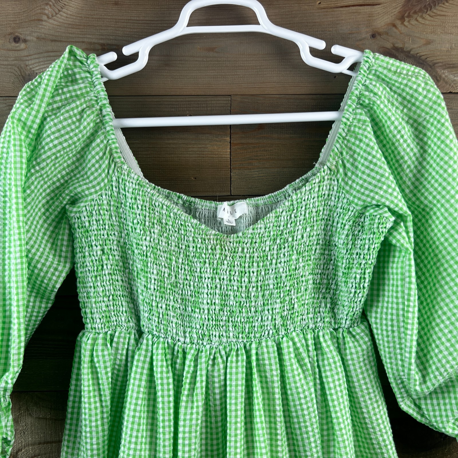 Mable Womens Dress Smocked Gingham Plaid Mini Babydoll Cottagecore Green Large