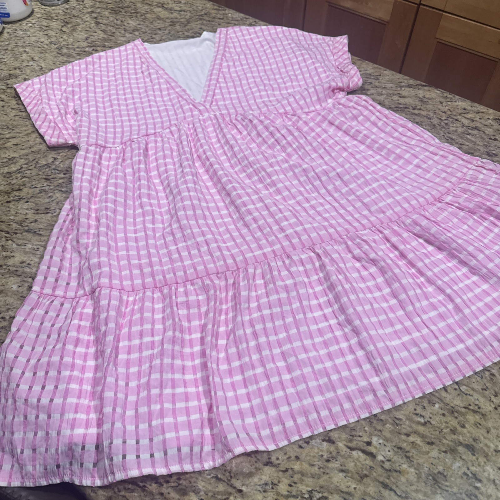 Shien Pink Gingham Checked Tiered Flutter Sleeve Casual Barbie Dress Womens Larg