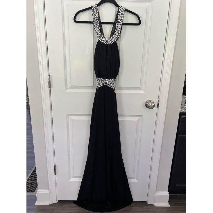 Deb Black Rhinestone Embellished Halter Formal Gown Prom Dress Open Back Size 9