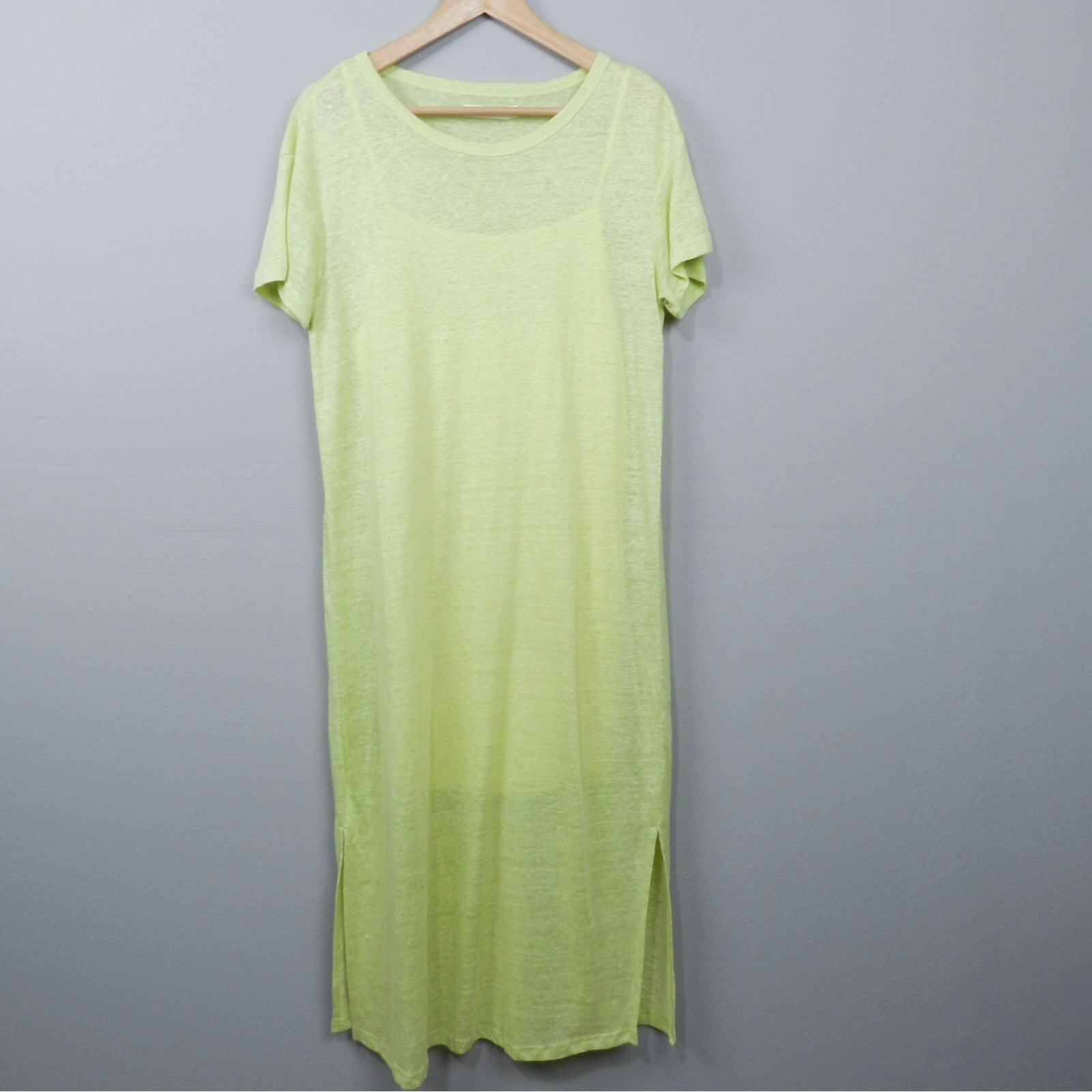 MOD REF Linen T Shirt Midi Dress Sz S Neon Yellow Sheer Knit Side Slit Shift