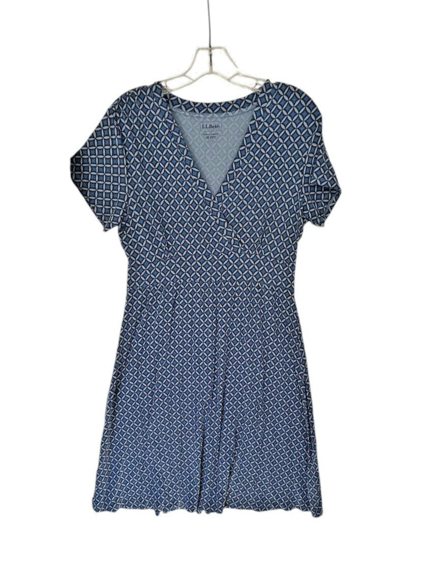 L L Bean Sz M PET Cross Over Front V-Neck Knit Dress Short Sleeve Blue Stretch