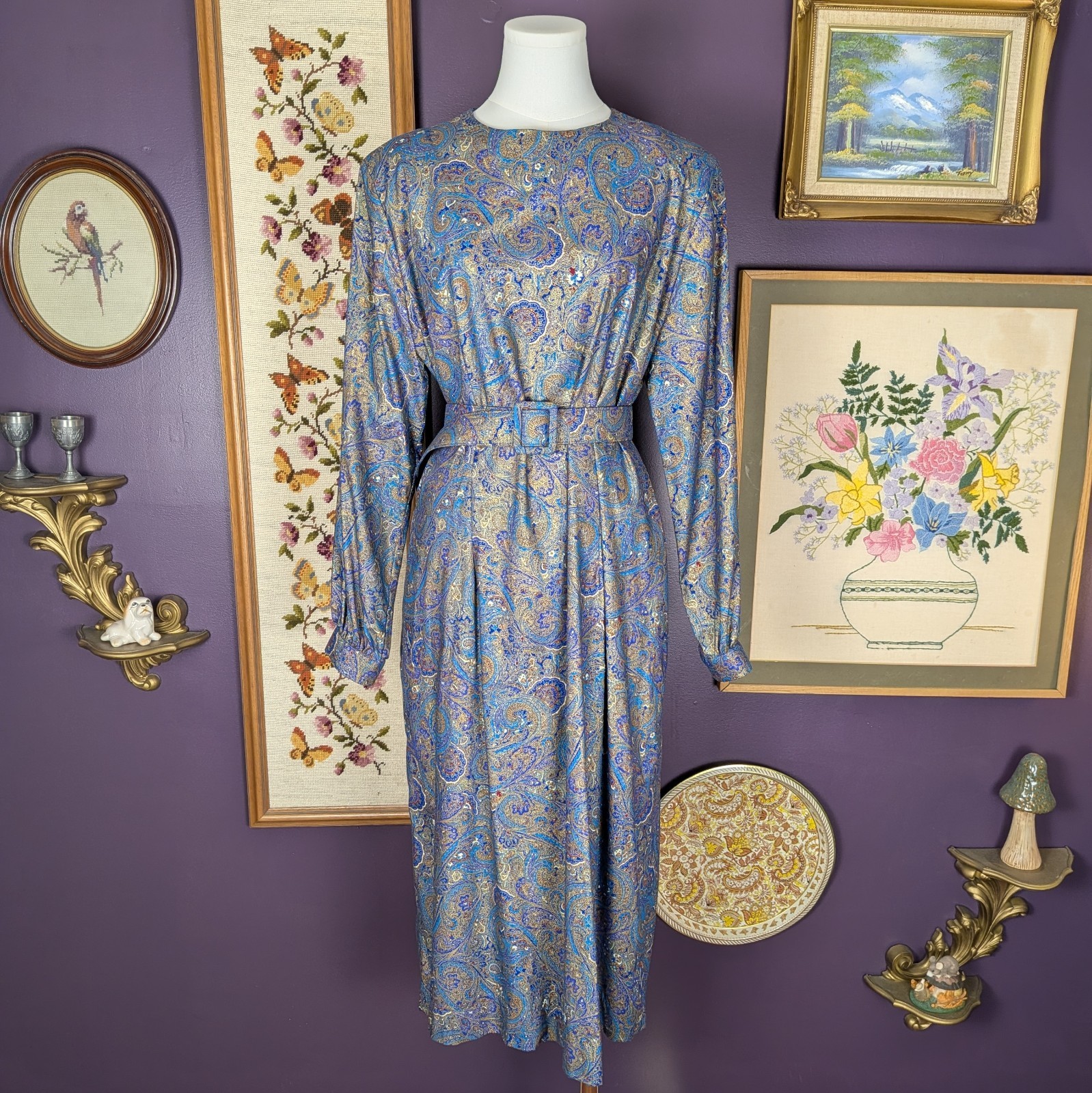 Vintage Belted Paisley Dress from the 1990s by Margaret Smith / Size Large