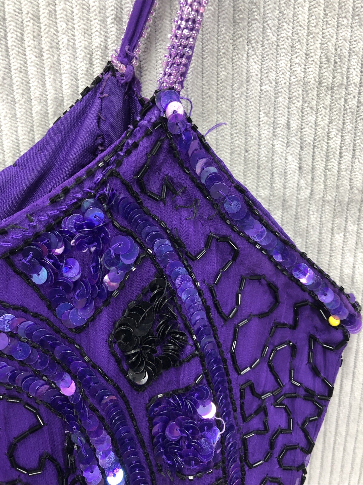 Vintage SWEELO Slip Dress Size Unknown Purple Sequin 100% Silk Spaghetti Strap