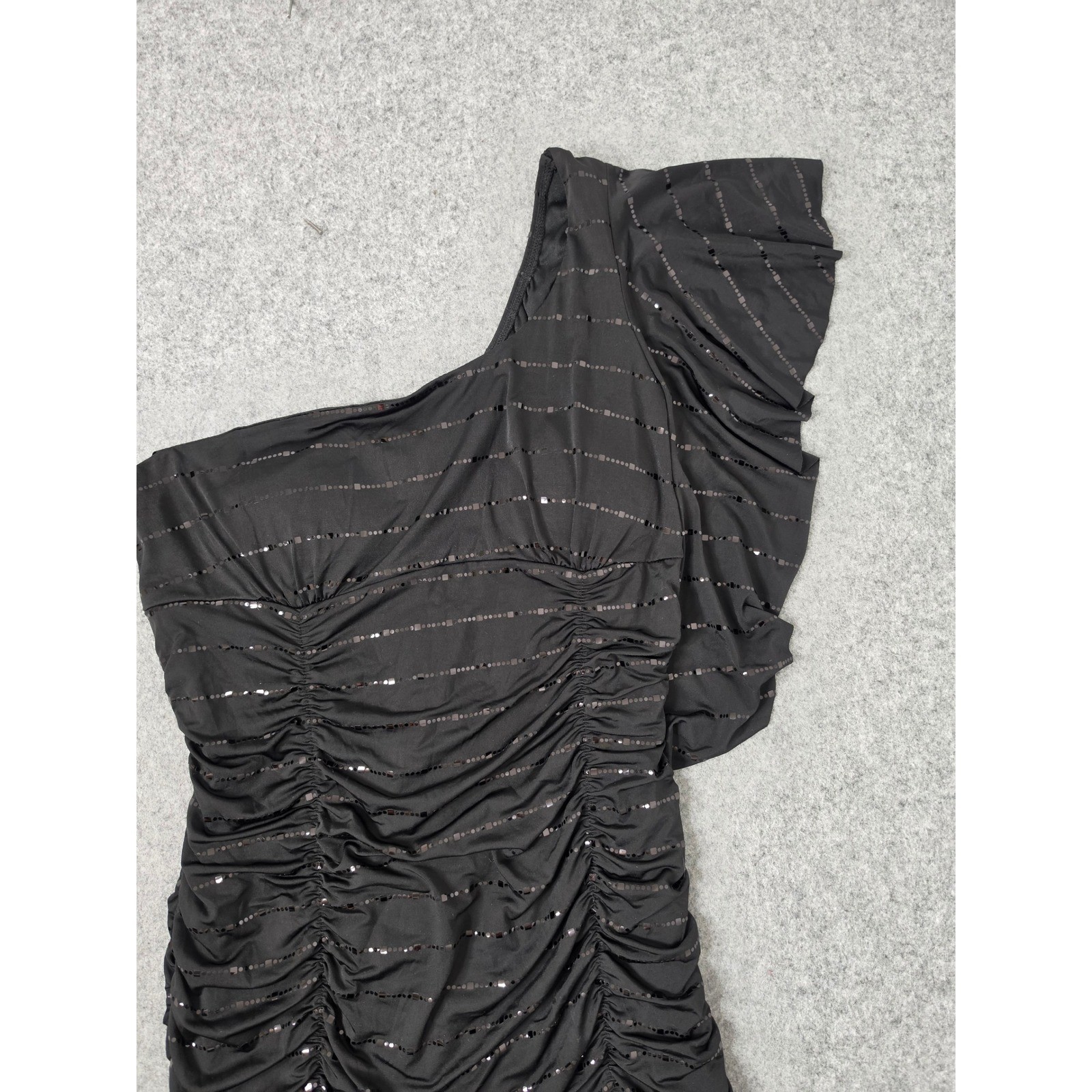 VTG Taboo One Shoulder Ruched Sequin Stripe Mini Dress Women XL Black Lined 90s