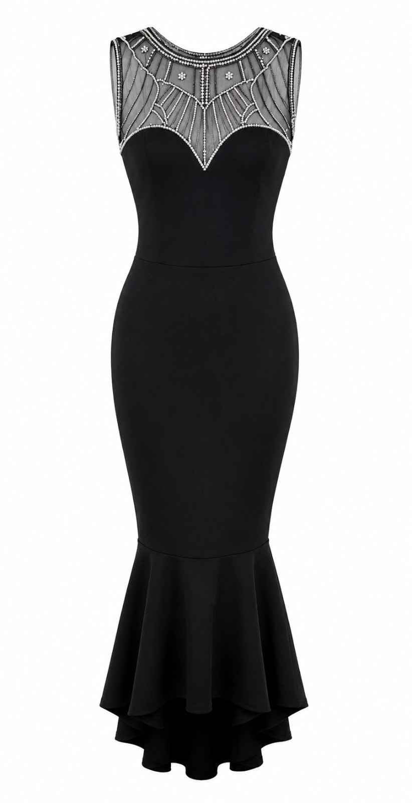 New Goddiva Black Fishtail Dress 8 Beaded Mesh Evening Party Prom