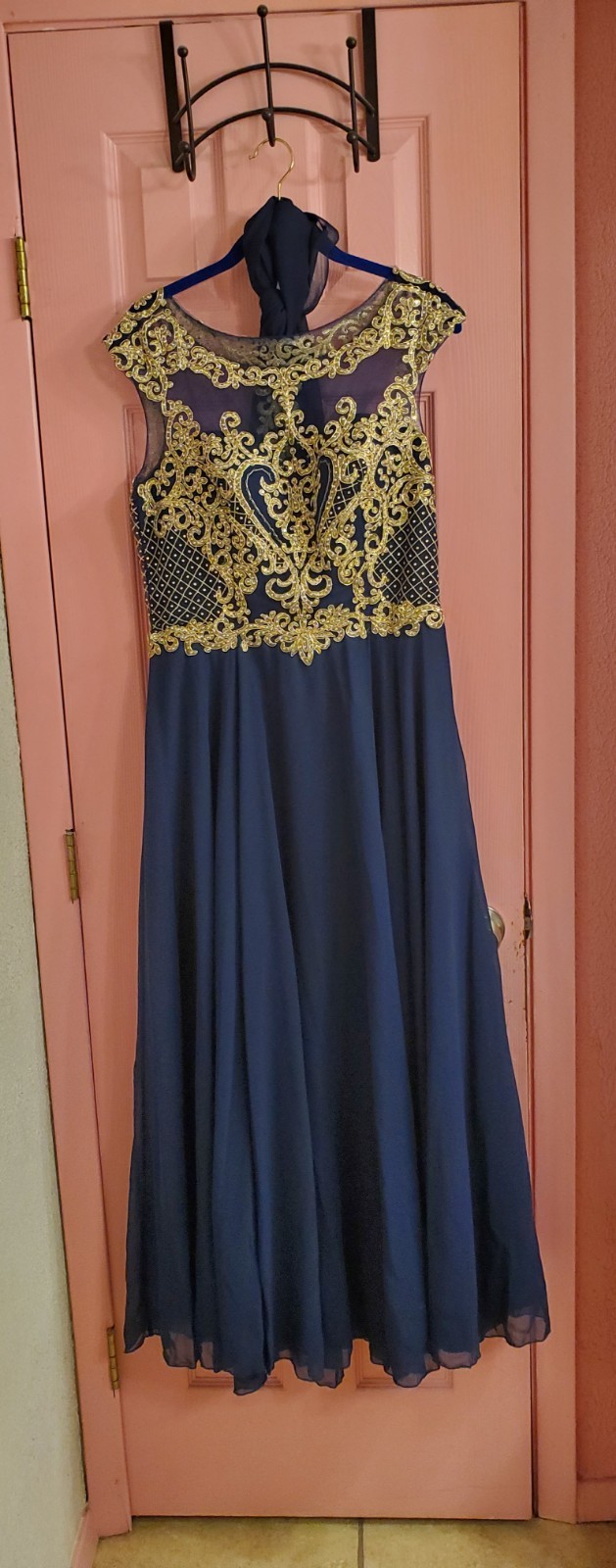 Dancing Queen Navy Blue/Gold Embroidered Formal Dress 2XL Illusion Neck Chiffon