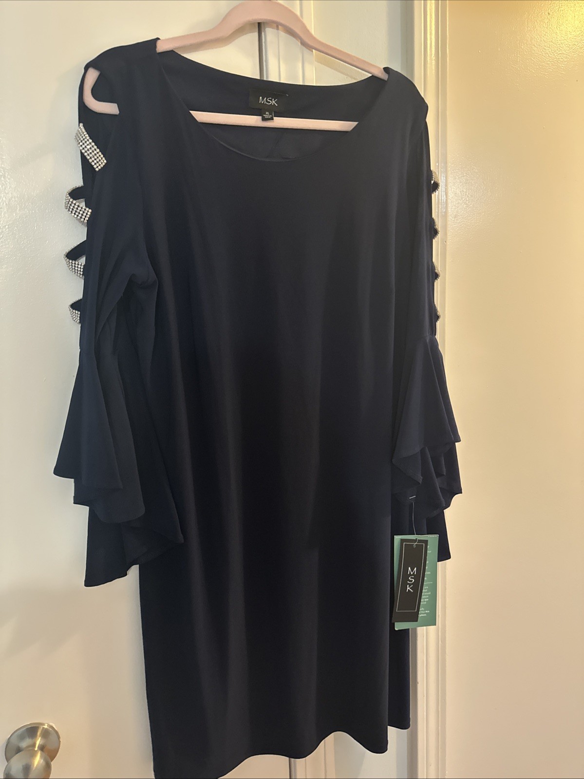 MSK Woman’s Open Shoulder Embellished Rhinestone Pullover Dress Navy Blue Sz XL