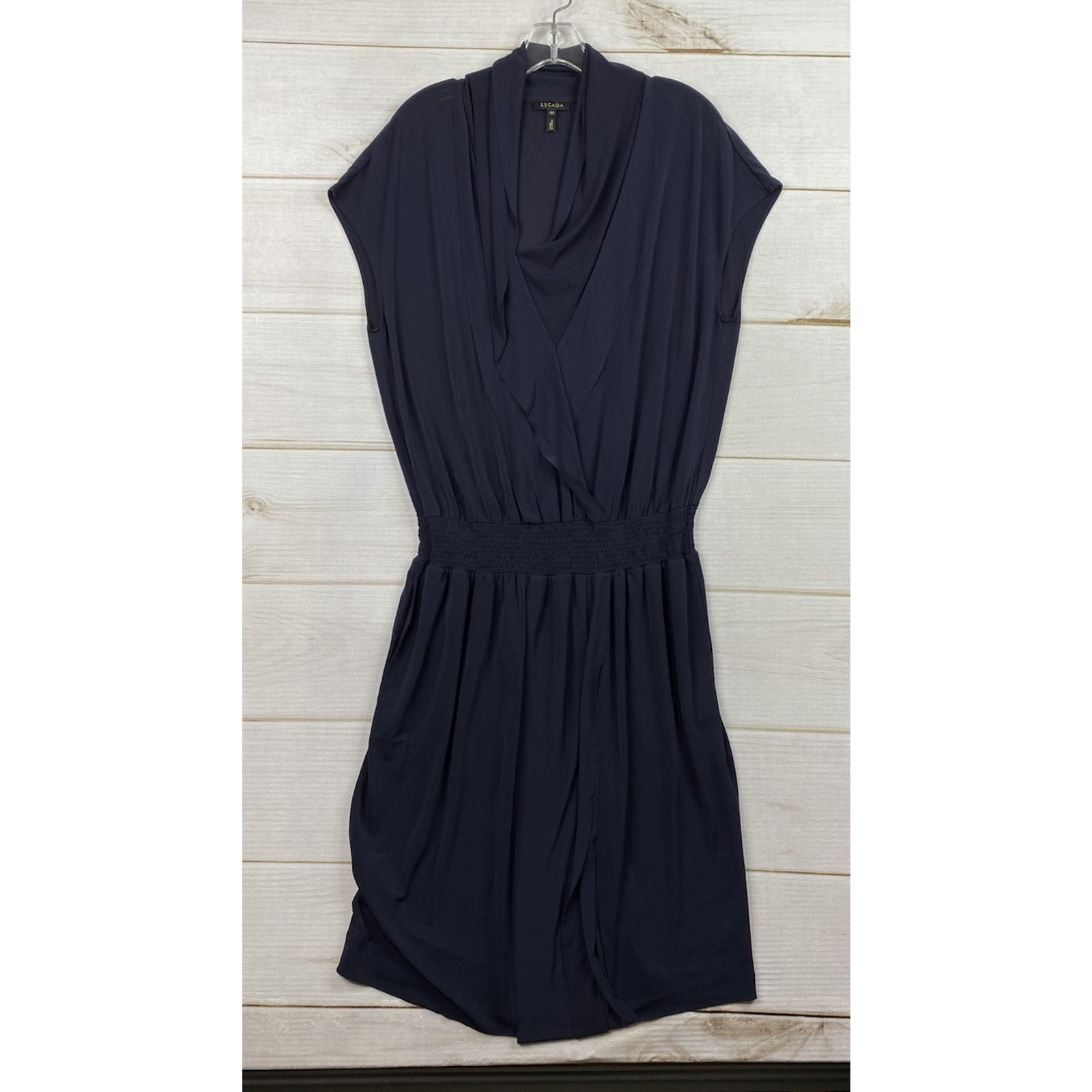 ESCADA Dress 40 US 10 Navy Blue Cap Sleeve Smocked Drop Waist Stretch Raw Hem