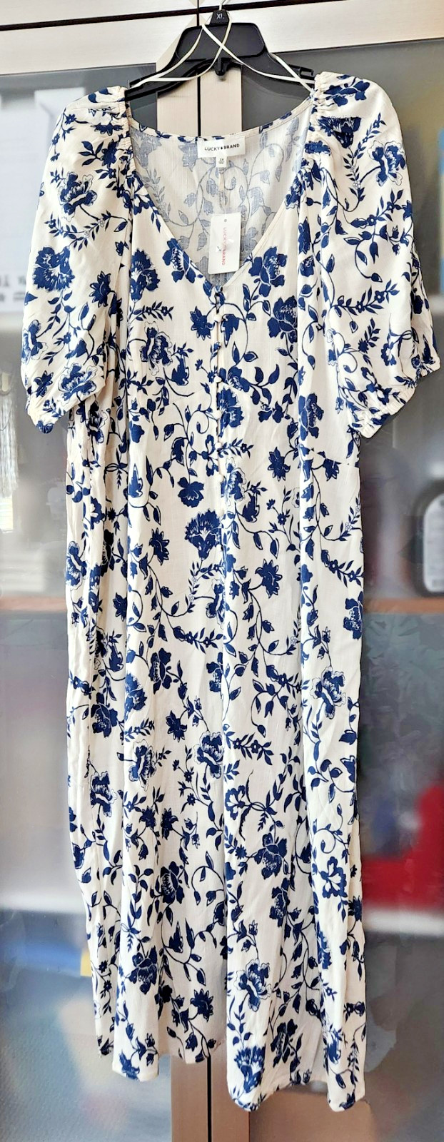 Lucky Brand Plus 3X Bone /Blue floral Midi Dress Short Sleeve Dress