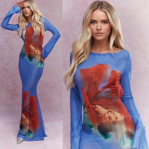 MISSGUIDED Women’s L Blue Sheer Floral Print Mermaid Hem Backless Maxi Dress