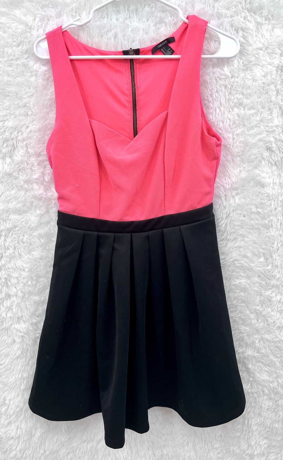 Forever 21 Black Neon Pink Sleeveless Dress Pleated Skater Skirt Size Large L