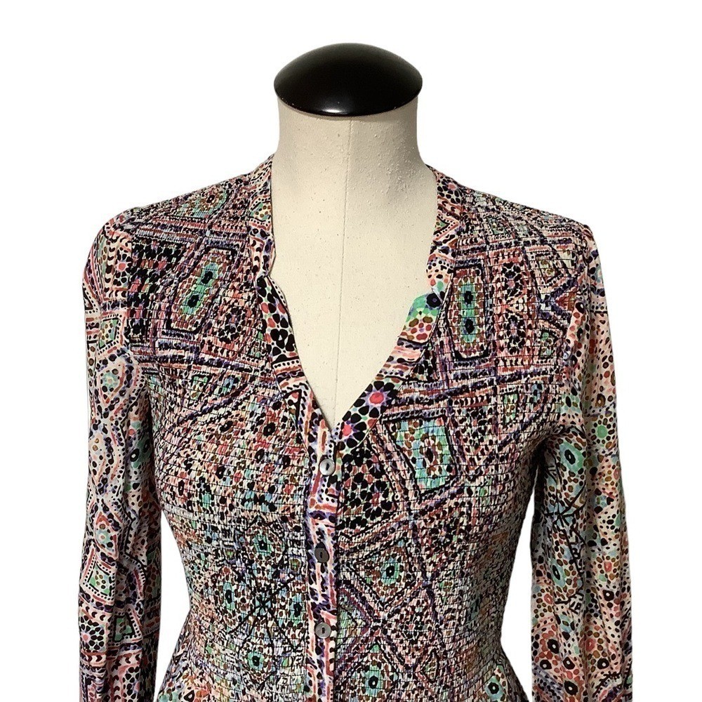 ANTHROPOLOGIE Postmark Geometric Tile Print Smocked Waist Dress Size S