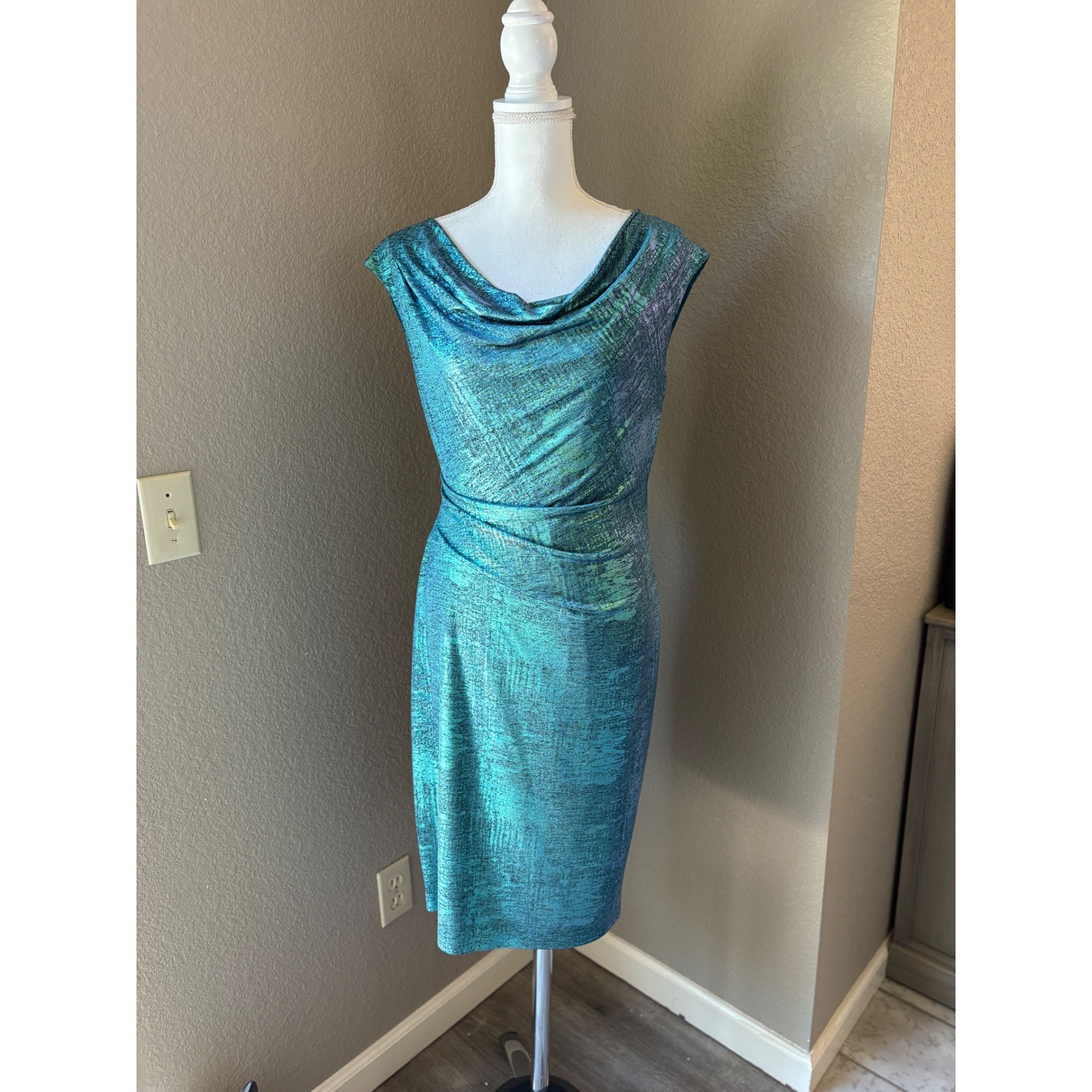 Connected Apparel Teal Blue Metallic Cowl Neck Ruched Dress 6