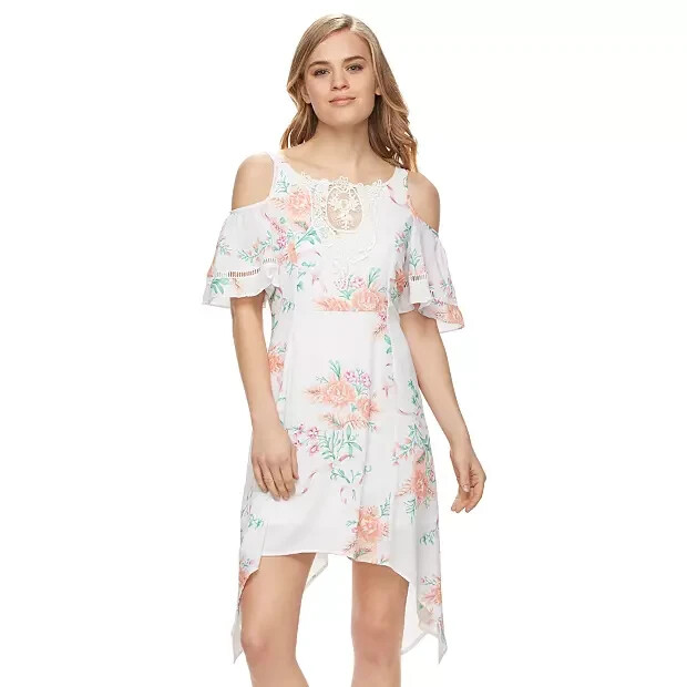 Disneys Beauty and the Beast Peep Shoulder Floral Dress Womans Sz XS Asymmetrica